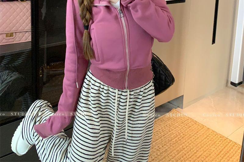 Plain Zip-Up Crop Hoodie / Drawstring Waist Striped Wide Leg Pants Product Image