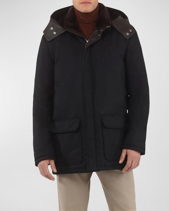 Men's Loro Piana Wool-Cashmere Parka with Lamb Shearling Collar and Detachable Hood Product Image