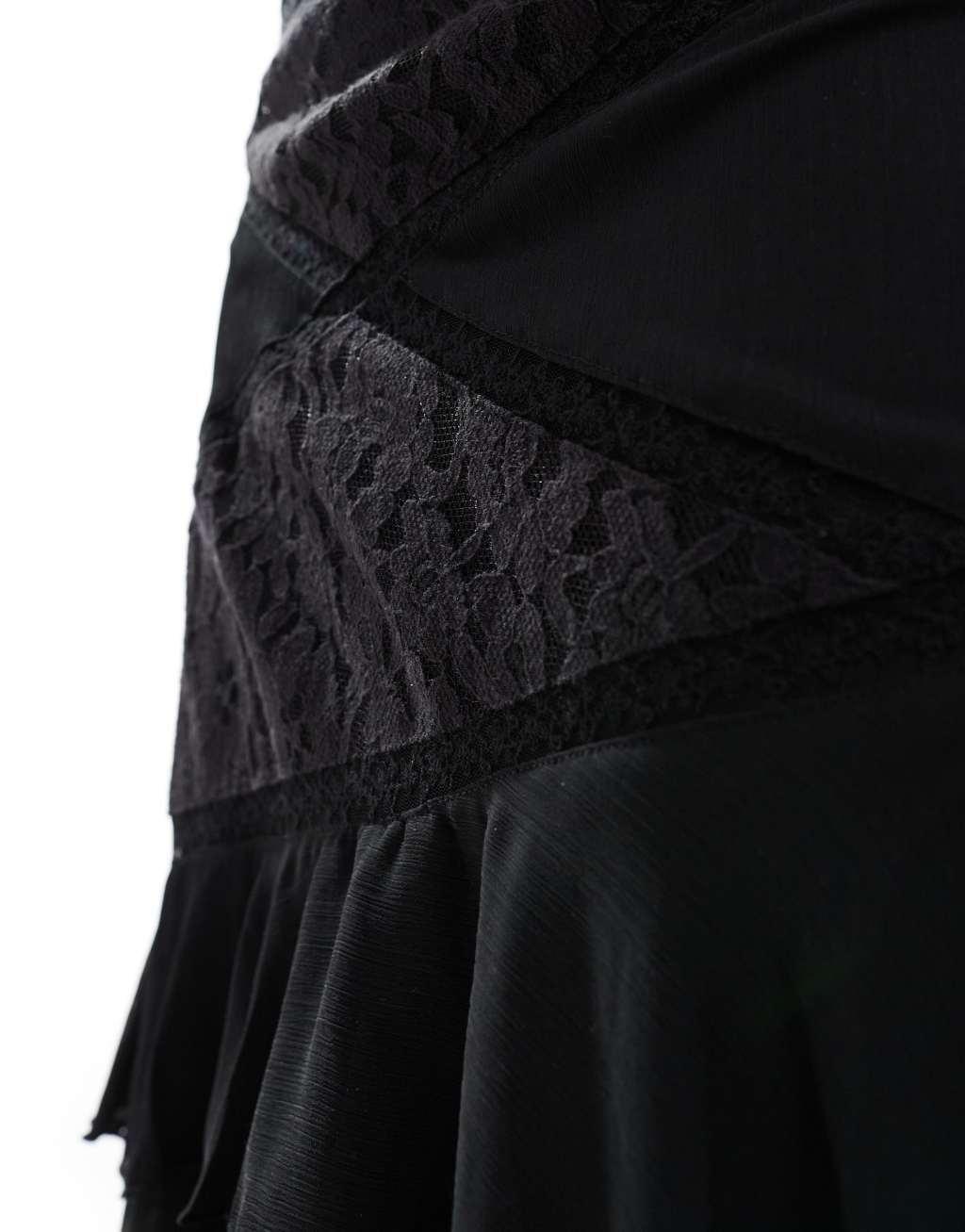 Miss Selfridge chiffon lace mix ruffle maxi skirt in black  Product Image