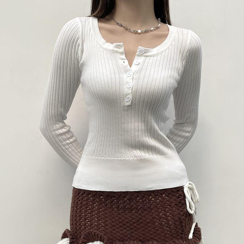 Long Sleeve Henley Neck Plain Ribbed Knit Crop Top product image