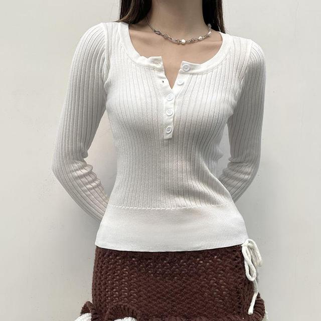 Long Sleeve Henley Neck Plain Ribbed Knit Crop Top Product Image