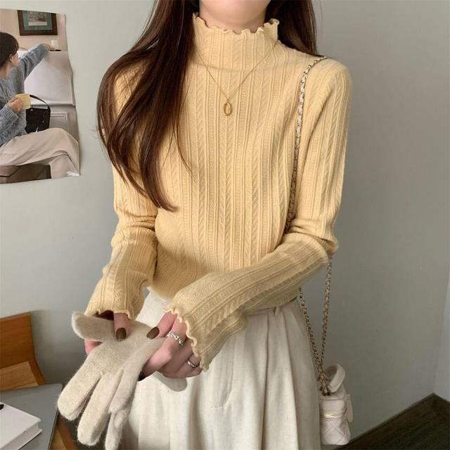 Long-Sleeve Mock Neck Plain Lettuce Edge Knit Top Product Image