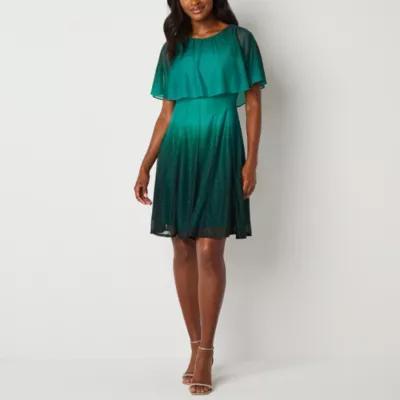 Danny & Nicole Womens Short Sleeve Ombre Cape Fit + Flare Dress Product Image