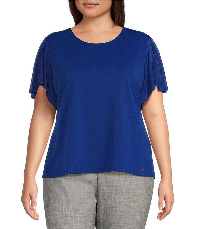 Calvin Klein Plus Size Knit Round Neck Mesh Ruffle Short Sleeve Top Product Image