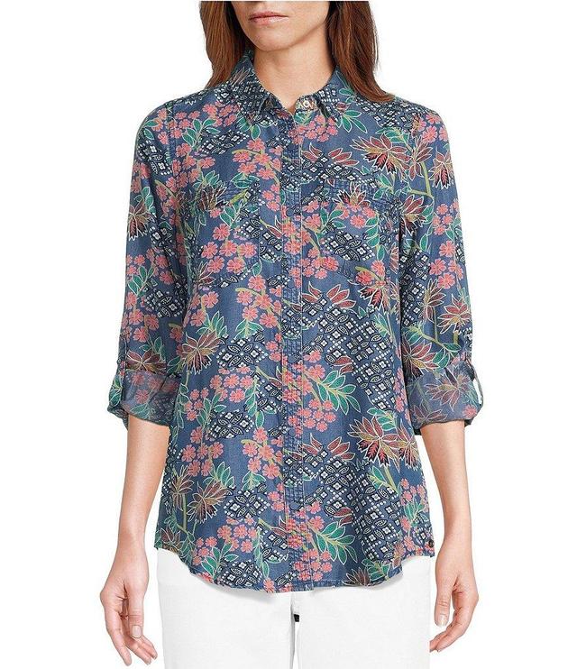 Intro Petite Size Floral Geometric Mix Print Long Roll-Tab Sleeve Button Front Point Collar Tencel Shirt Product Image