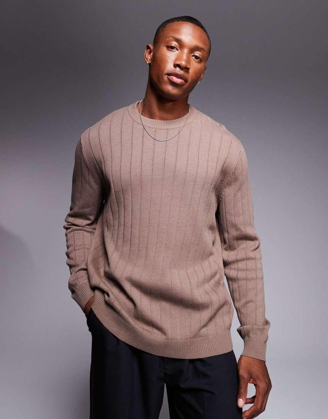 ASOS DESIGN relaxed knitted wide rib sweater in brown Product Image