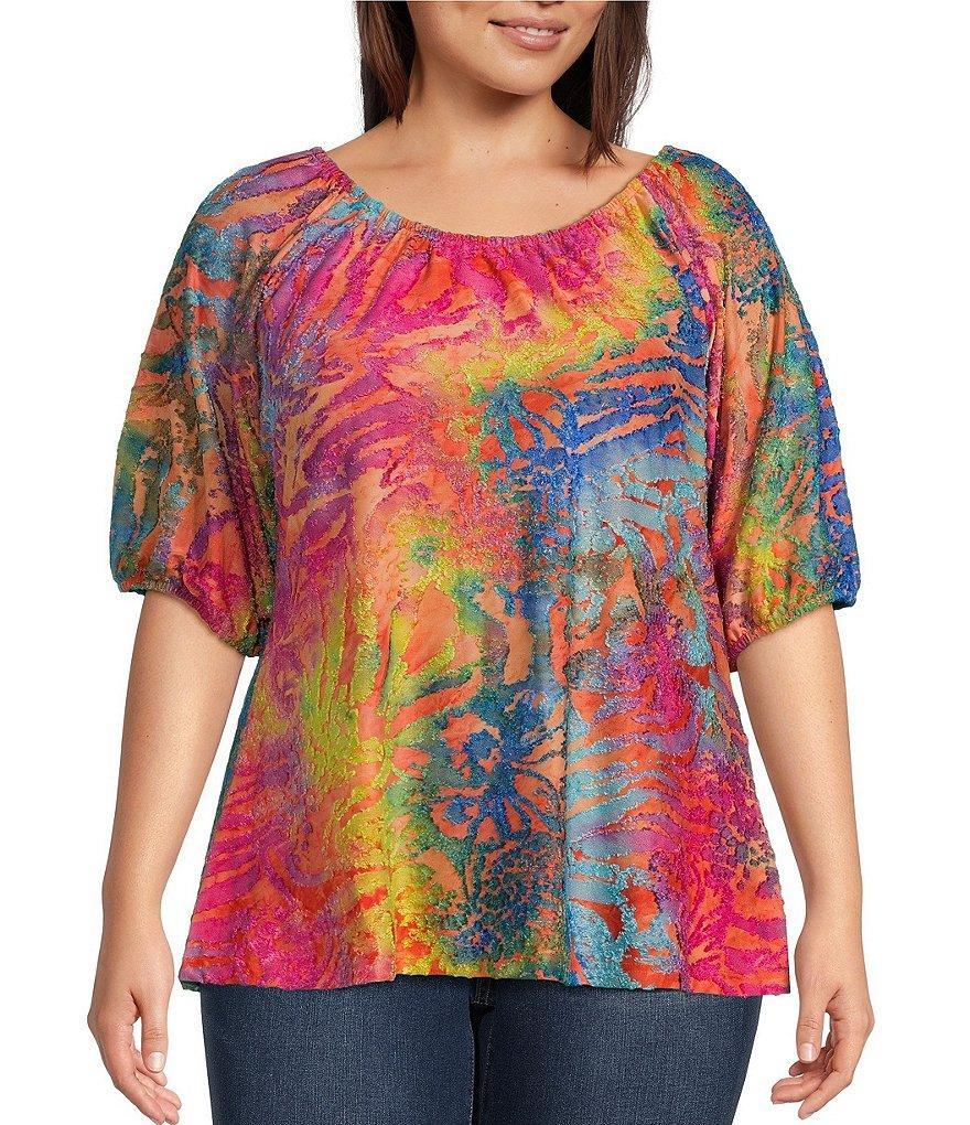 Calessa Plus Size Abstract Tie Dye Burnout Knit Scoop Neck Puff Elbow Sleeve Tunic Product Image