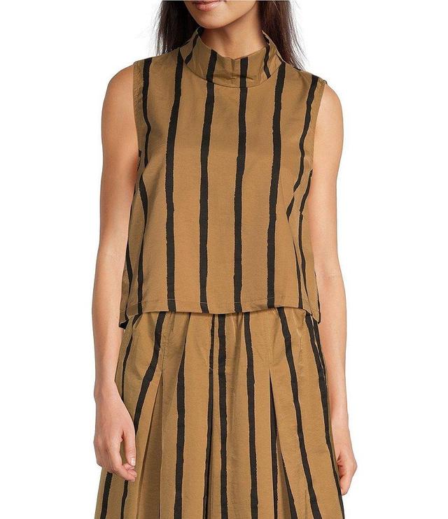 Buru Stripe Brocade Cropped Sleeveless Mock Neck Button Back Coordinating Boxy Top Product Image