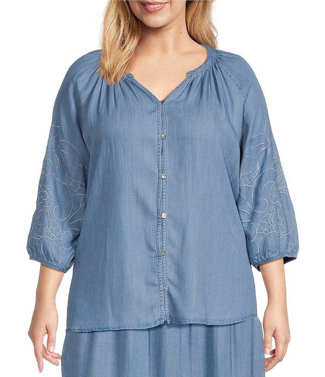 Nurture by Westbound Plus Size Embroidered 3/4 Sleeve Button Front Coordinating Top Product Image