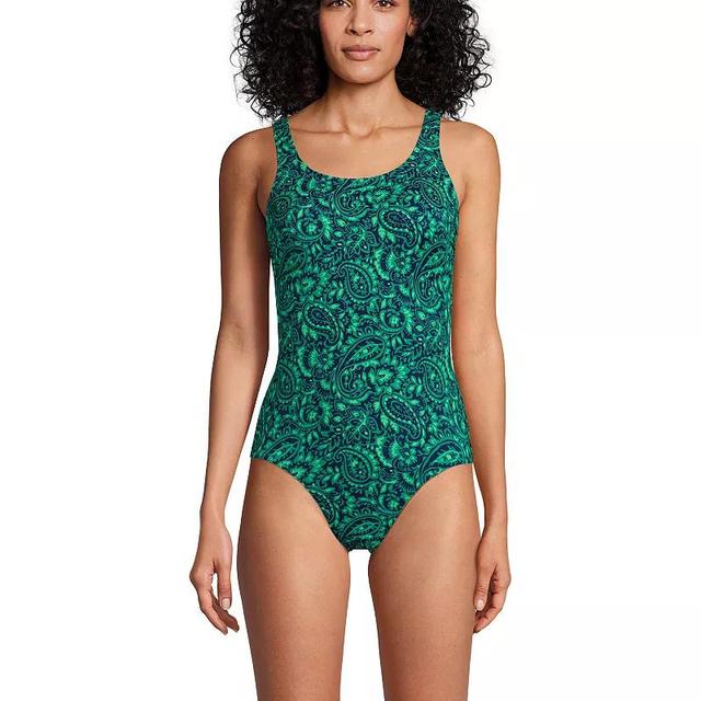 Womens Lands End Tugless Sporty UPF 50 One-Piece Swimsuit Navy Green Paisley Product Image