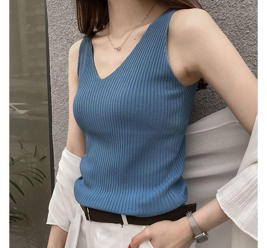 V-Neck Plain Knit Camisole Top Product Image