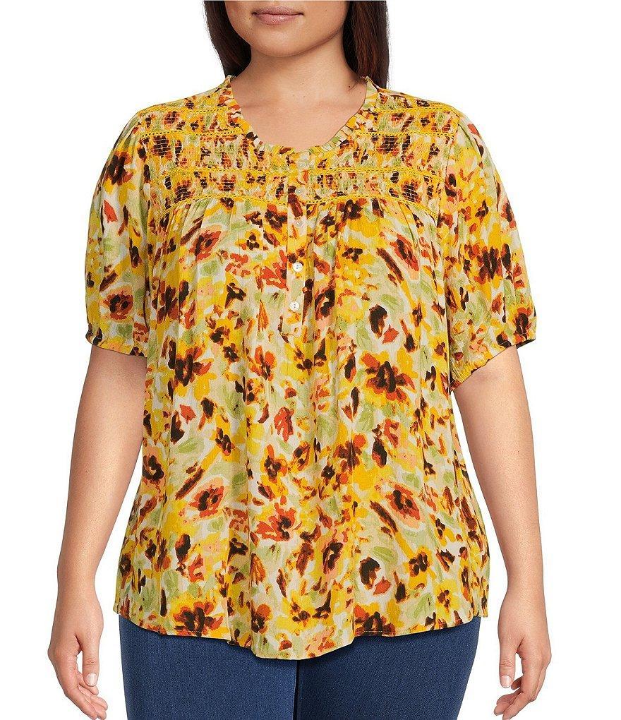 Intro Plus Size Floral Print Frill Scoop Neckline Short Sleeve Smocked Yoke Lace Inset Top product image