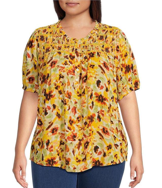 Intro Plus Size Floral Print Frill Scoop Neckline Short Sleeve Smocked Yoke Lace Inset Top Product Image