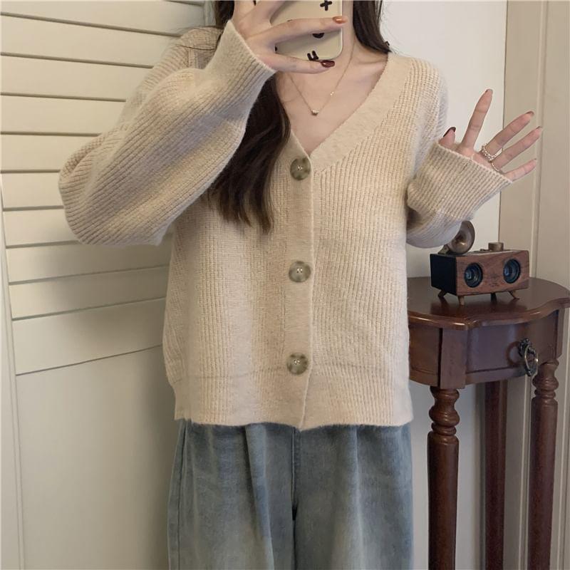 V-Neck Plain Button Cardigan Product Image