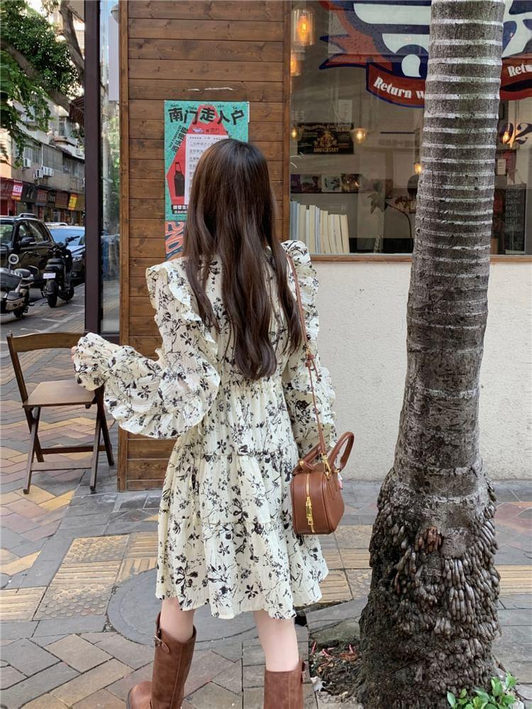 Long-Sleeve Crewneck Frill Trim Floral Print Mini A-Line Dress Product Image