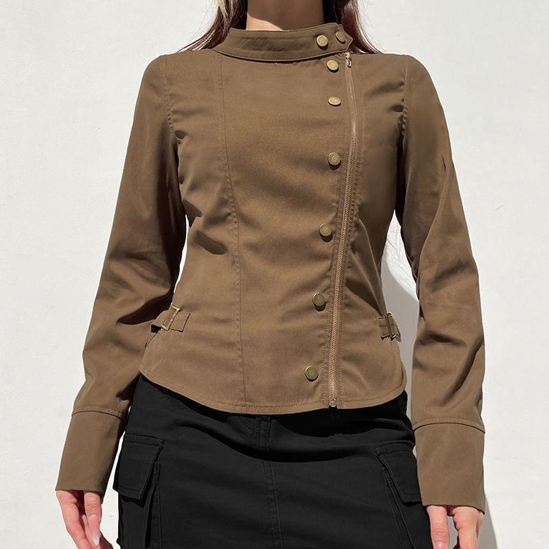 Long Sleeve Stand Collar Plain Zip-Up Cargo Jacket Product Image