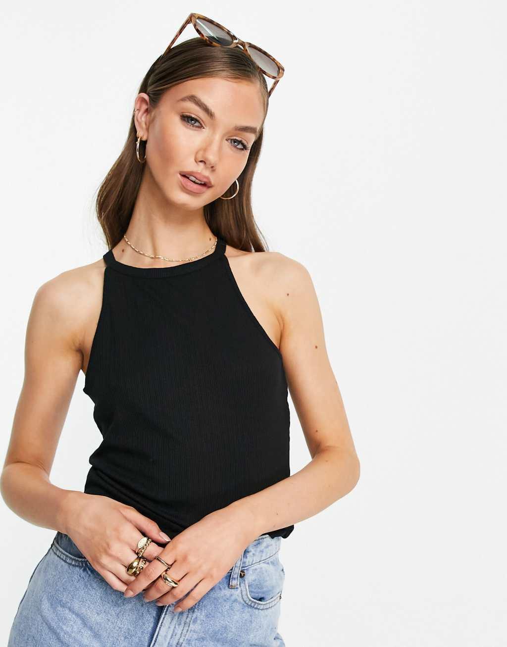 Vila blend ribbed halter neck tank top in black Product Image