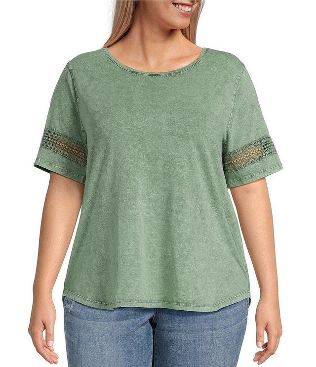 Leo & Nicole Plus Size Stretch Acid Wash Crew Neck Short Crochet Trim Sleeve Knit Tee Top Product Image