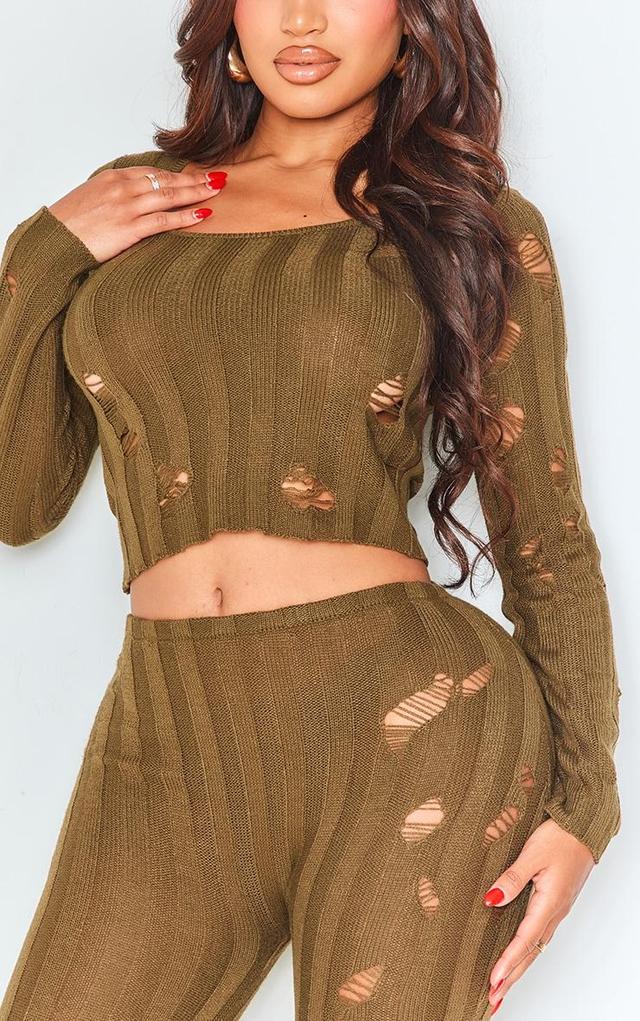 Shape Khaki Distress Ribbed Knitted Long Sleeve Top Product Image