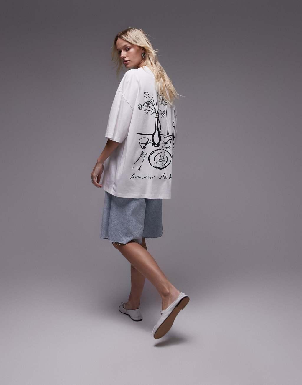 Topshop graphic Amour de Maison oversized tee in white Product Image