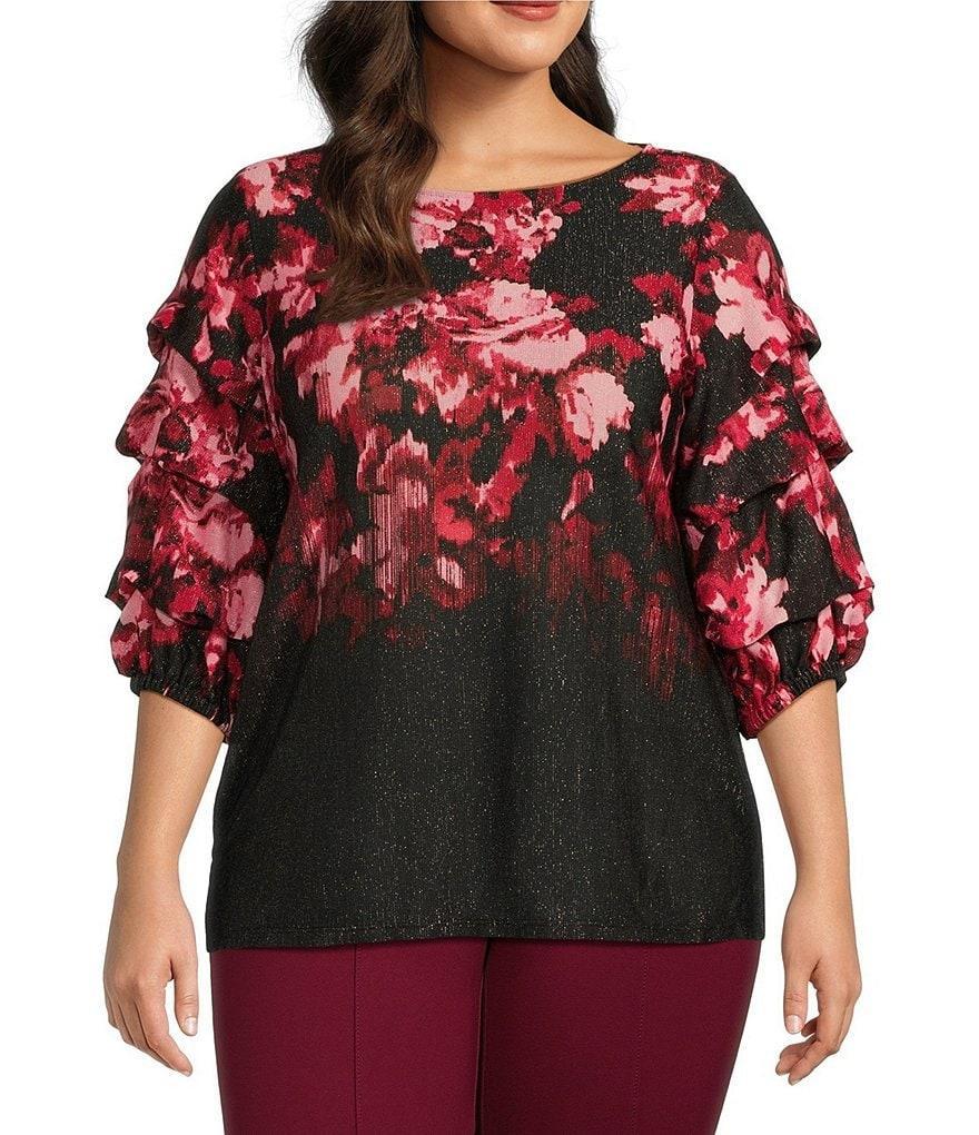 Slim Factor by Investments Plus Size Ikat Floral Border Print Boat Neck Three Tier Sleeve Top Product Image