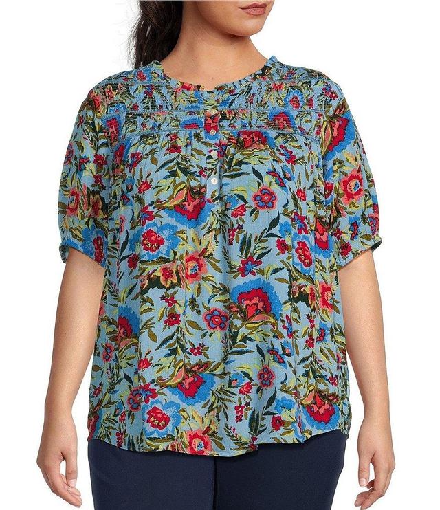 Intro Plus Size Print Frill Scoop Neck Short Sleeve Smocked Yoke Lace Inset Half-Button Front Top Product Image