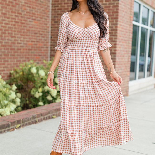 Thankful For You Rust Gingham Puff Sleeve Midi Dress product image