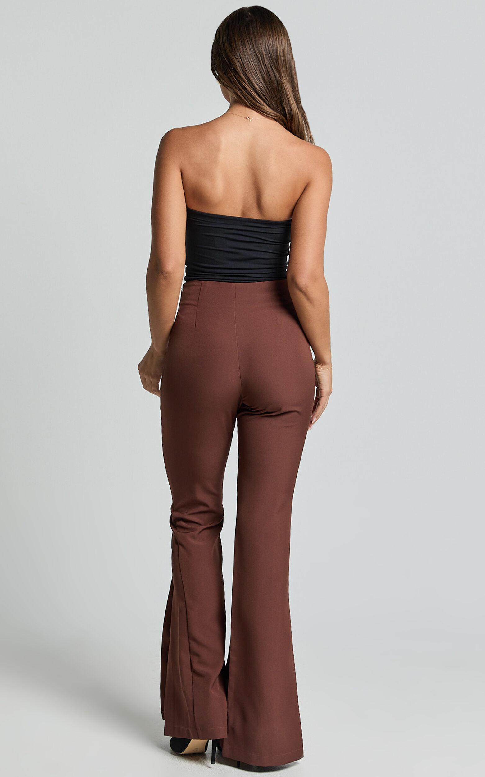 Volta Pants - Front High Waisted Split Boot Leg Kick Out Pants in Chocolate Product Image