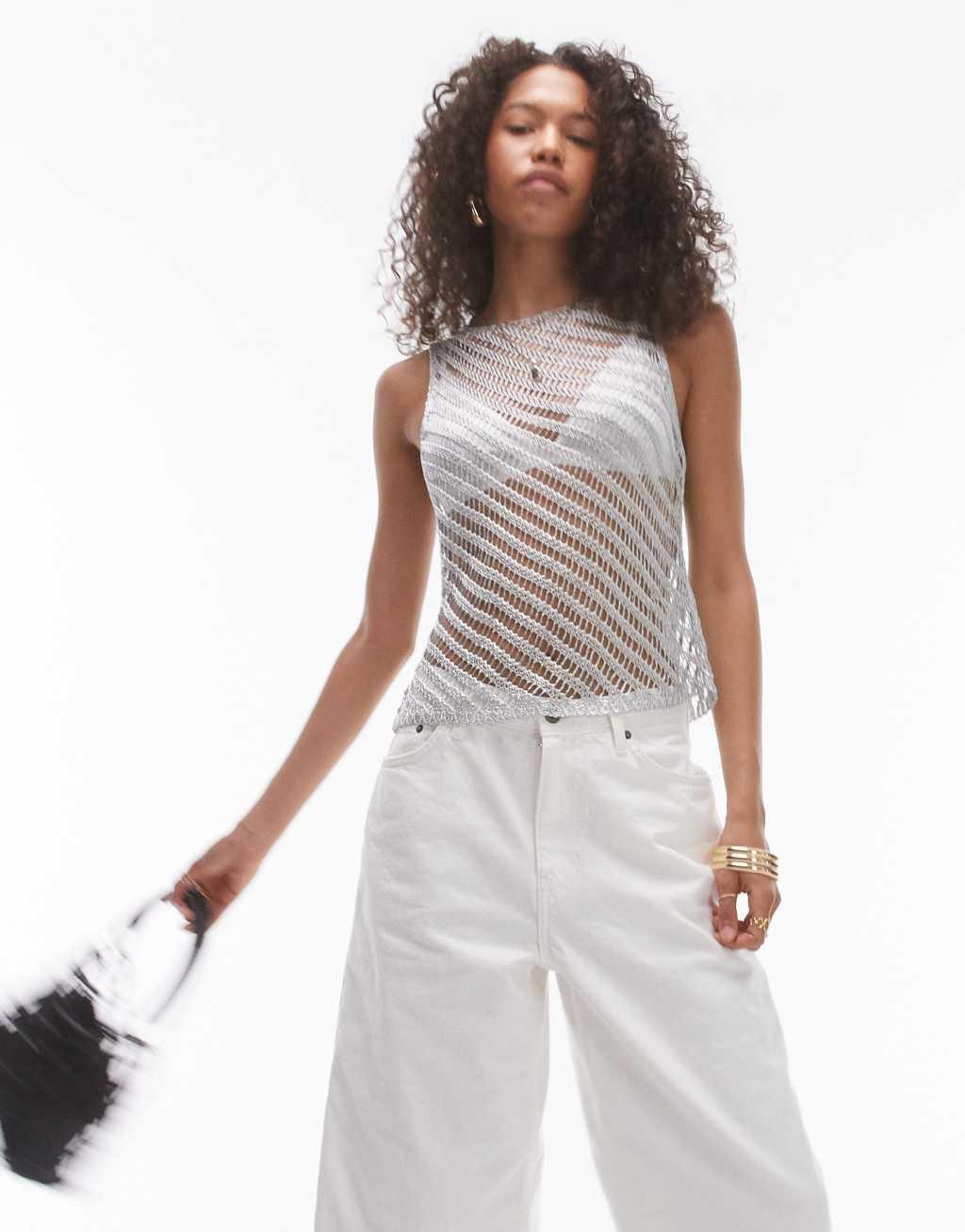 Topshop knitted metallic ladder top in silver Product Image