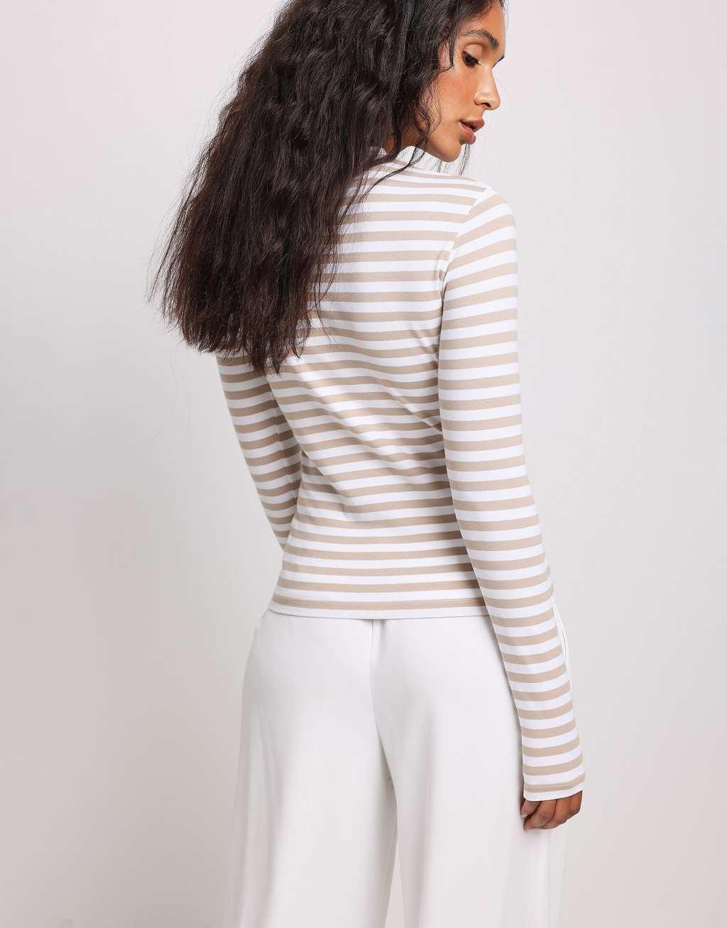 NA-KD long sleeve fitted t-shirt in beige white stripe Product Image