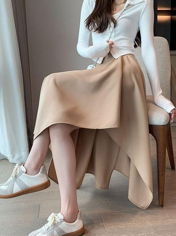 High Waist Plain Asymmetrical Midi A-Line Skirt Product Image