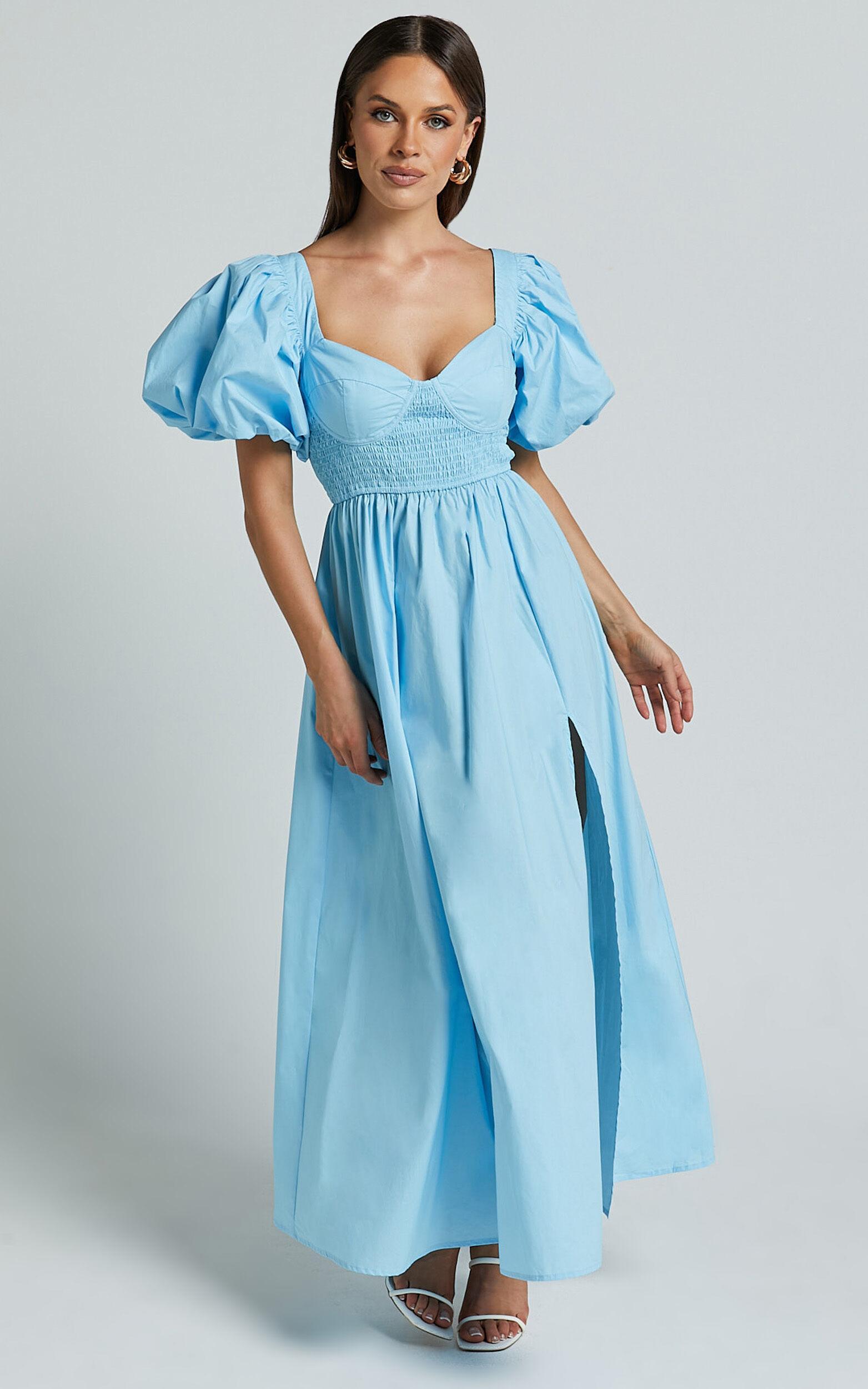 Raiza Midi Dress - Shirred Waist Puff Sleeve Dress in Aqua Product Image