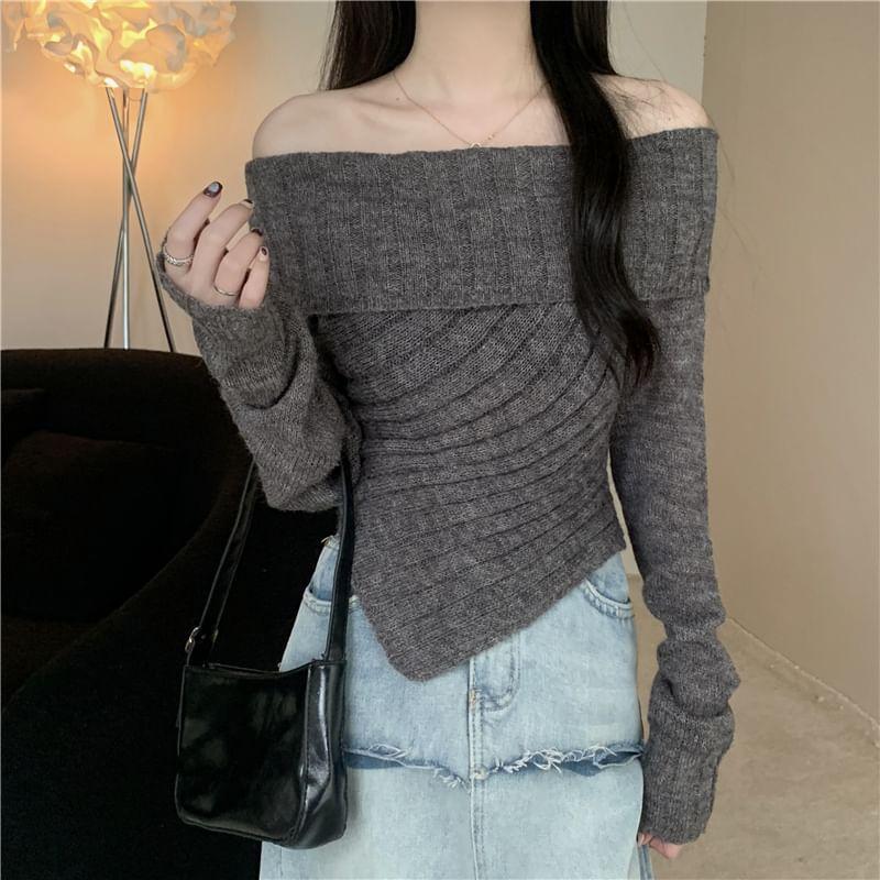 Off Shoulder Plain Asymmetrical Ribbed Sweater Product Image