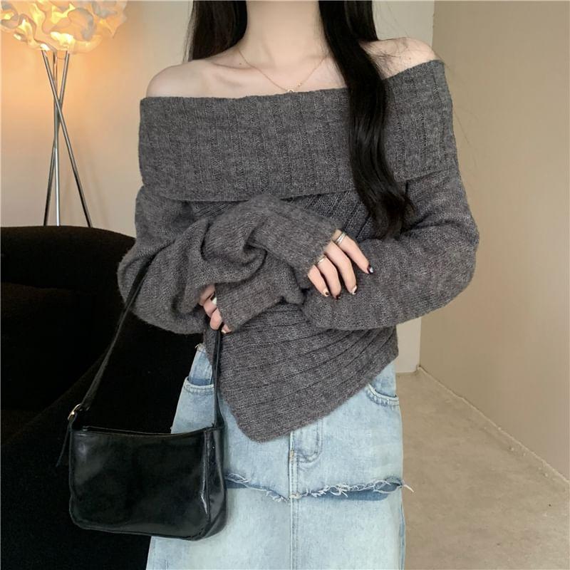 Off Shoulder Plain Asymmetrical Ribbed Sweater Product Image