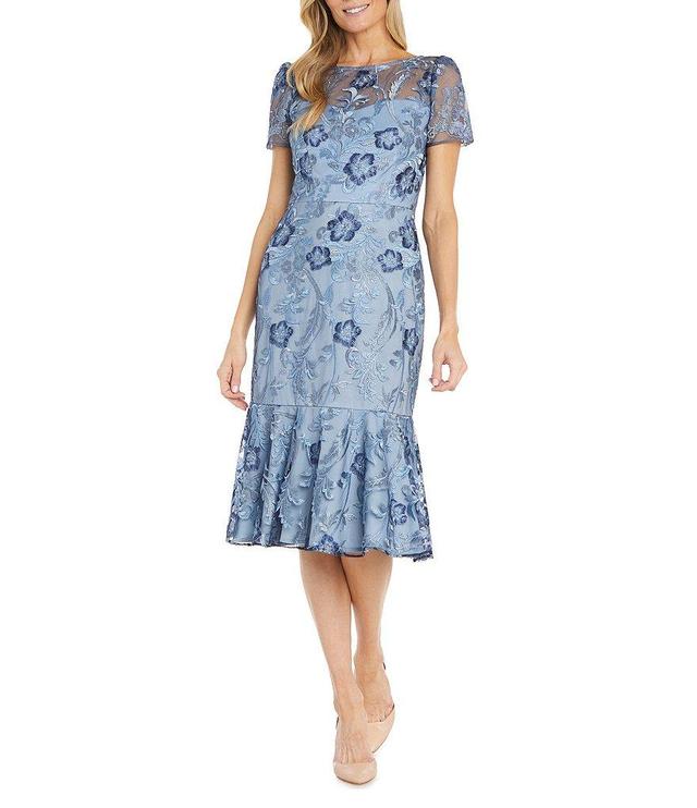 R & M Richards Short Sleeve Illusion Crew Neck Floral Embroidered Flounce Hem Sheath Dress Product Image