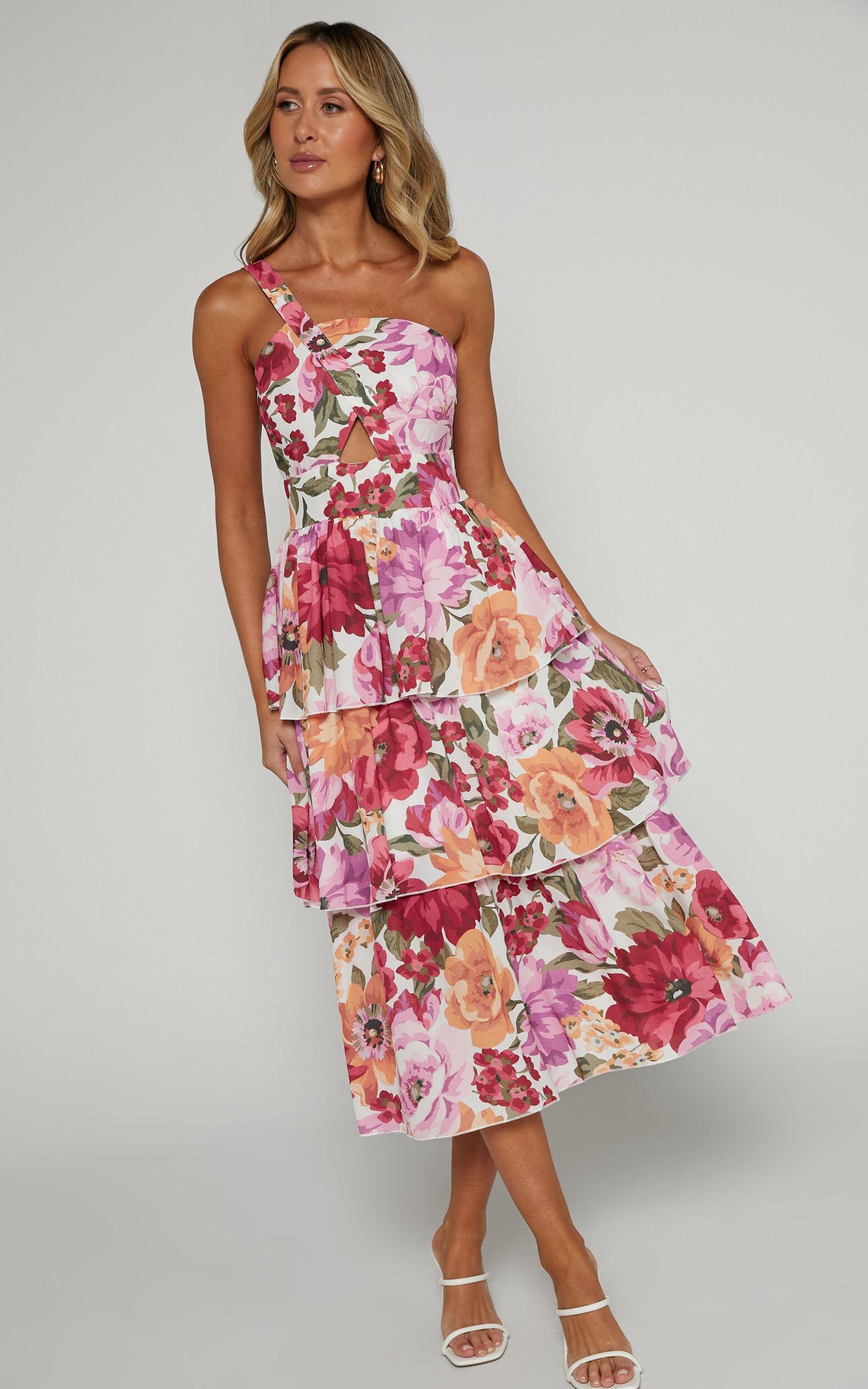 Caro Midi Dress - One Shoulder Tiered Dress in Spring Floral Product Image