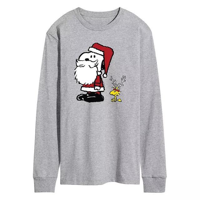 Mens Peanuts Santa Snoopy & Woodstock Long Sleeve Graphic Tee Grey Gray Product Image