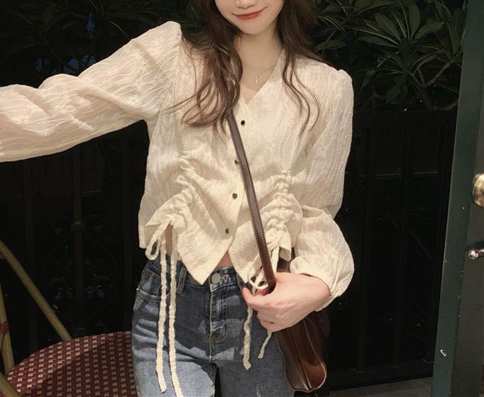 Long-Sleeve V-Neck Drawstring Lace Blouse Product Image