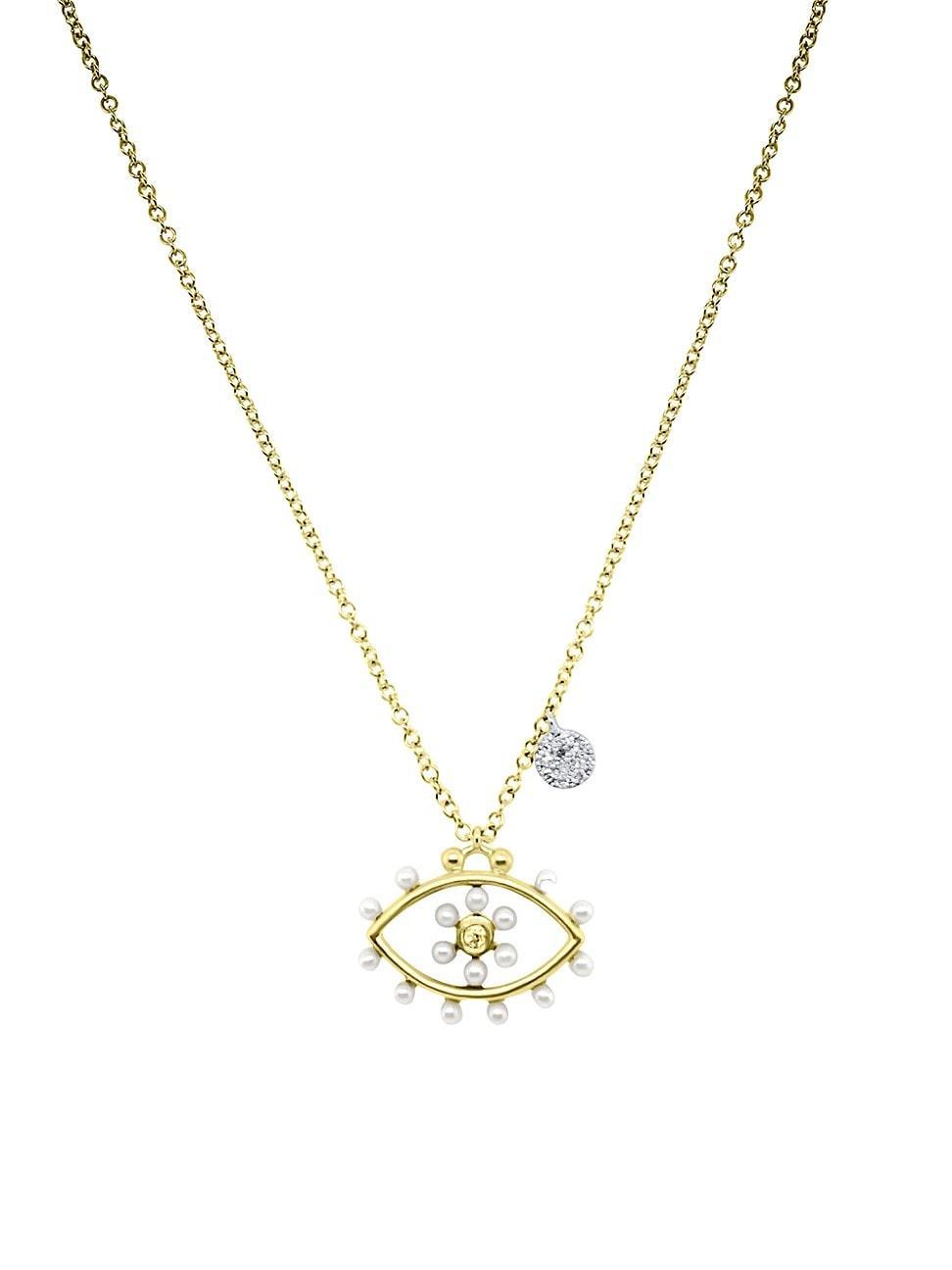 Womens Two-Tone 14K Gold, Pearl & .07 TCW Diamond Evil Eye Necklace Product Image