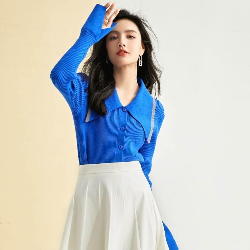 Collared Contrast Trim Button-Up Cardigan Product Image