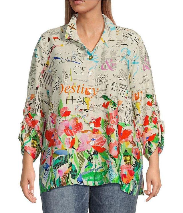 John Mark Plus Size Novelty Floral Print Collar Neck 3/4 Sleeve Button Front Top Product Image