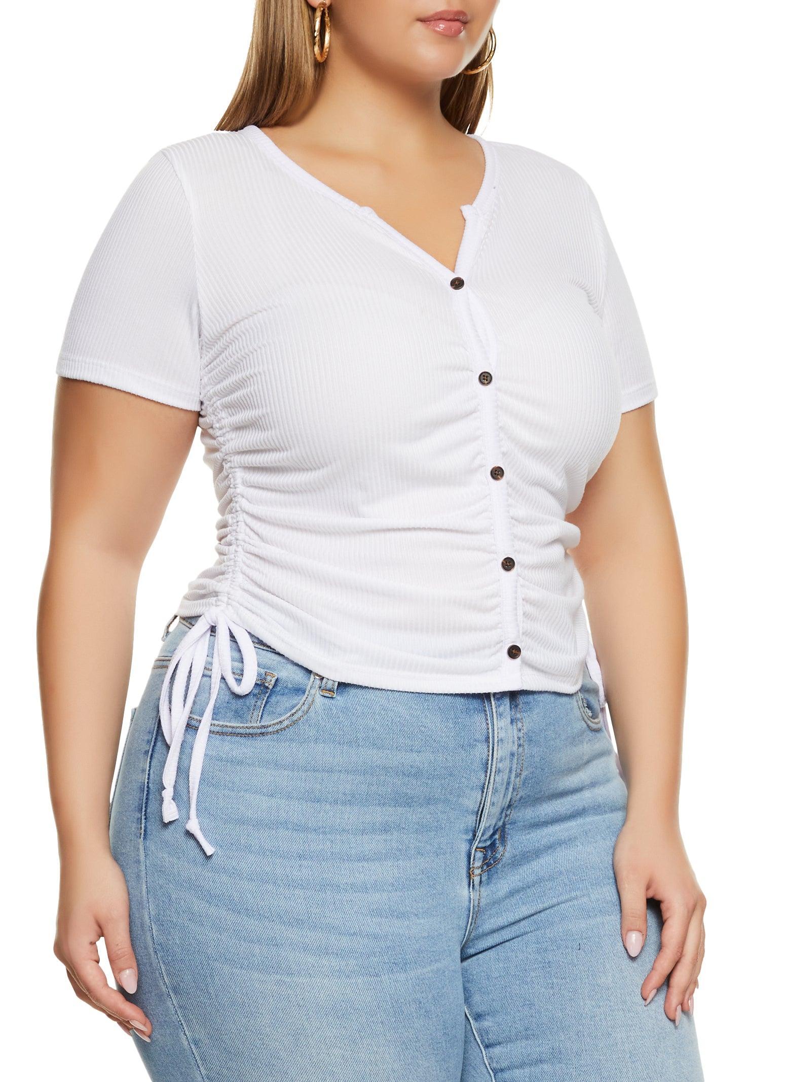 Womens Plus Size Rib Knit Button Front Ruched Tee Product Image