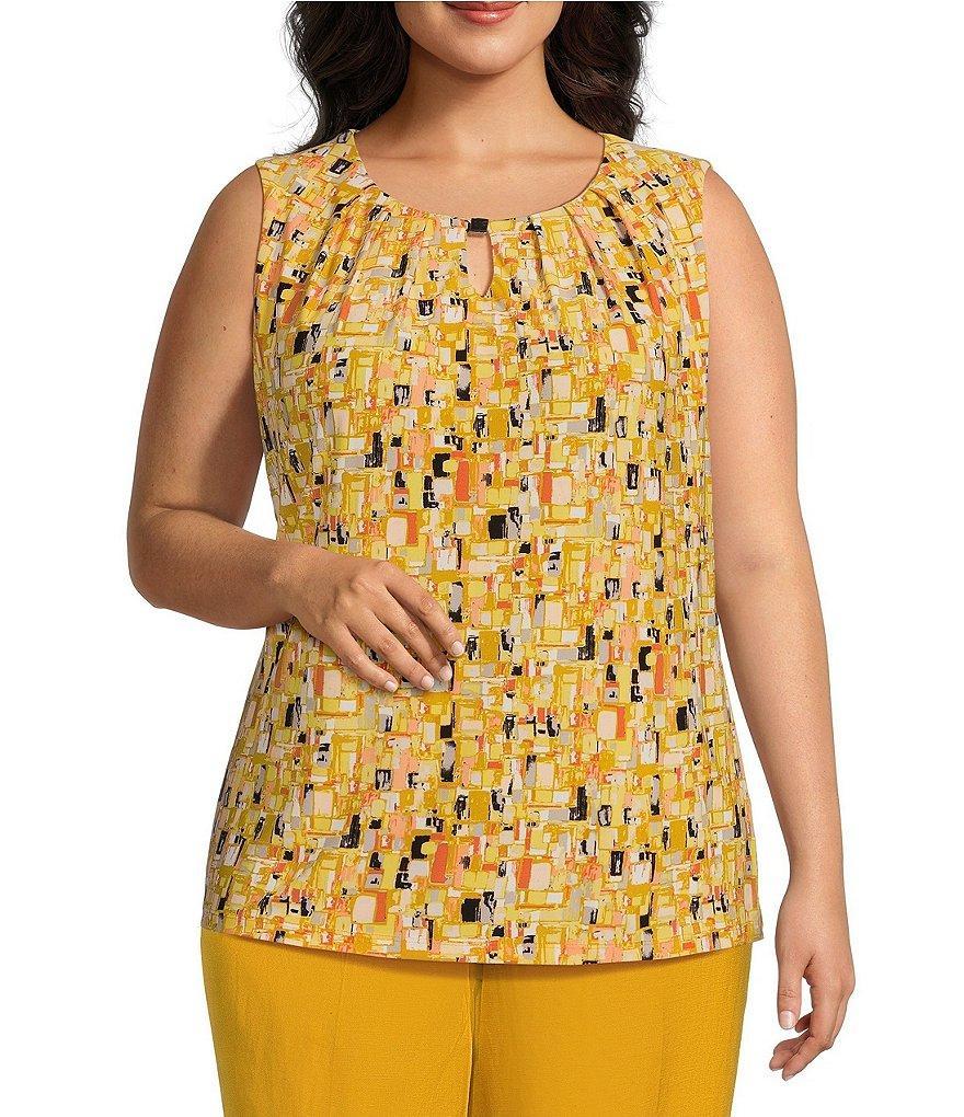 Kasper Plus Size Pleated Keyhole Neck Sleeveless Fitted Top product image