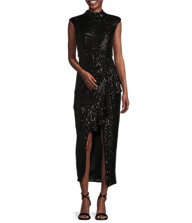 Belle Badgley Mischka Isla Sequin Mock Neck Cap Sleeve Front Slit Midi Dress Product Image