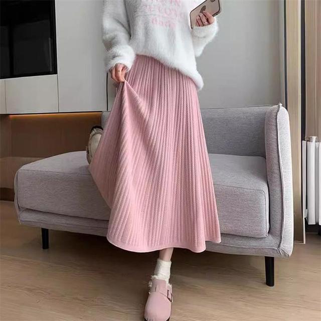 High Waist Plain Ribbed Knit Midi A-Line Skirt Product Image