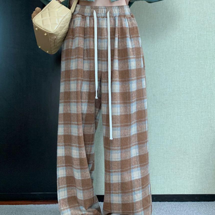 Drawstring Waist Plaid Wide Leg Pants Product Image