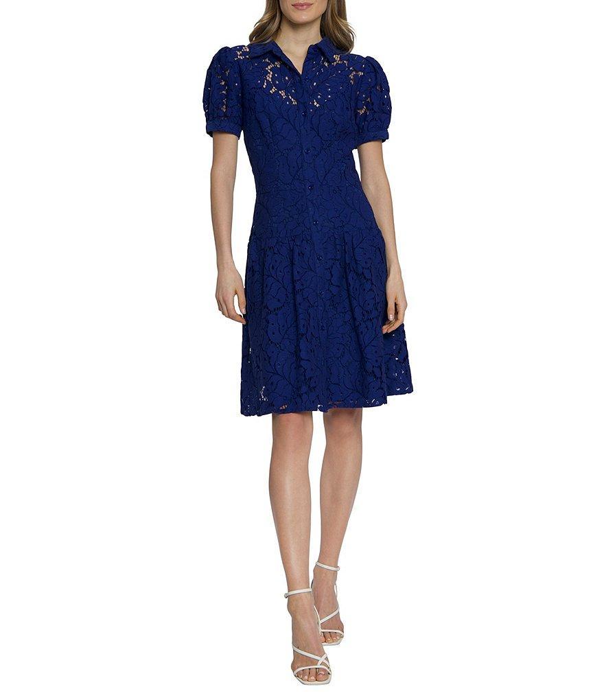 Maggy London Lace Collar Neck Short Puff Sleeve Button Front Dress Product Image