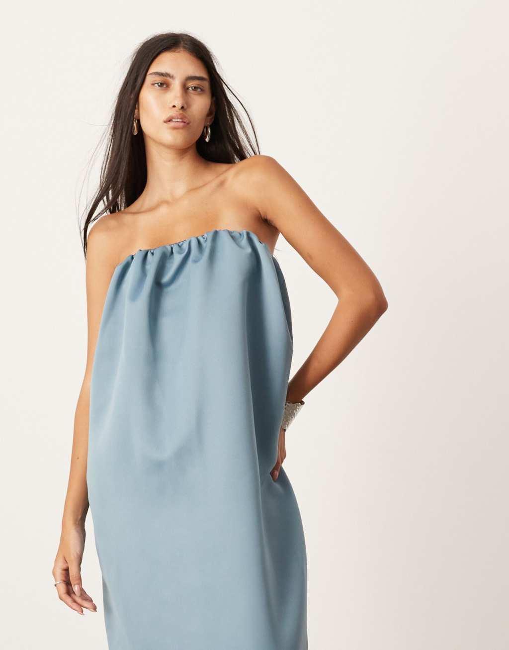 ASOS EDITION bandeau heavy satin maxi dress in blue Product Image