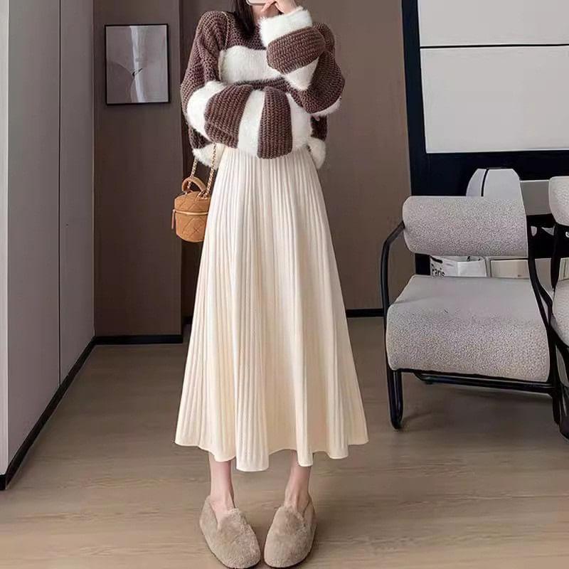 High Waist Plain Ribbed Knit Midi A-Line Skirt Product Image