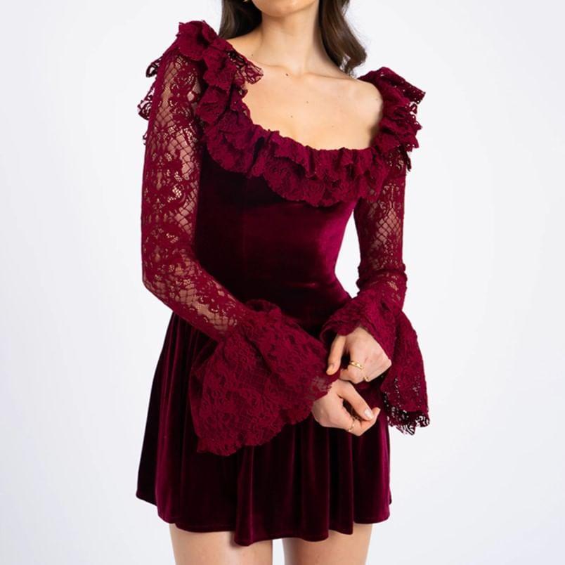 Flare-Sleeve Square Neck Lace Mini A-Line Dress Product Image